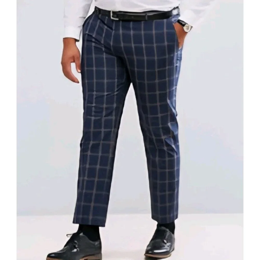 Harry Brown London Slim Fit Navy Blue Check Windowpane Suit Pants Men's 32x30